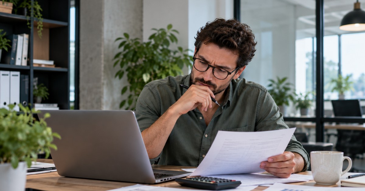 Un entrepreneur lit attentivement une offre avec une calculatrice et un ordinateur sur son bureau