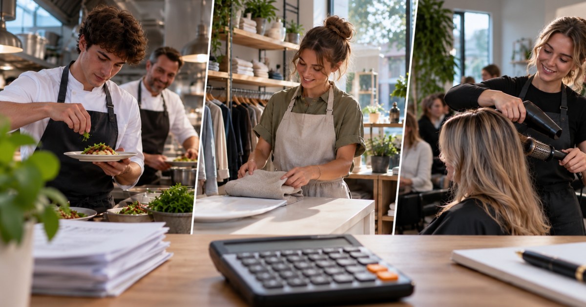 Des flexi-jobistes au travail en cuisine, en boutique et dans un salon de coiffure, avec une calculatrice au premier plan