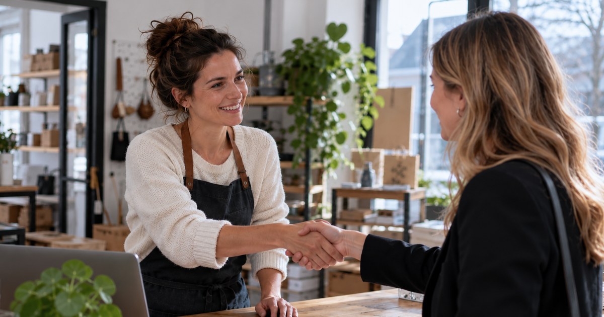 Une commerçante serre la main de sa toute première collaboratrice