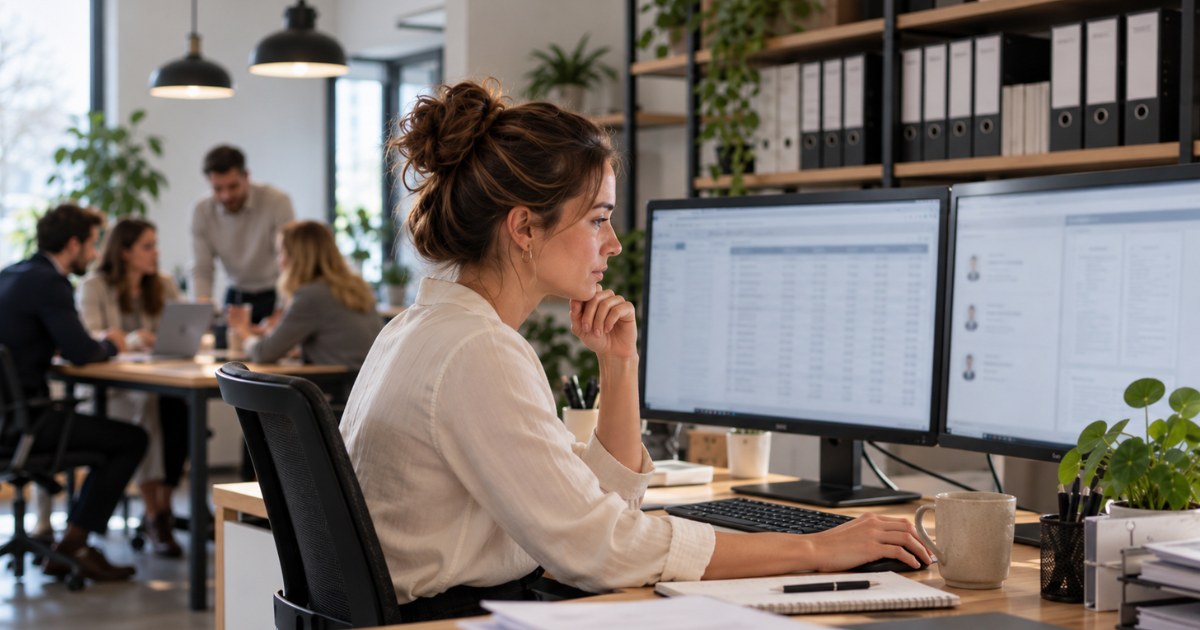 Une collaboratrice traite les salaires sur deux écrans dans un bureau