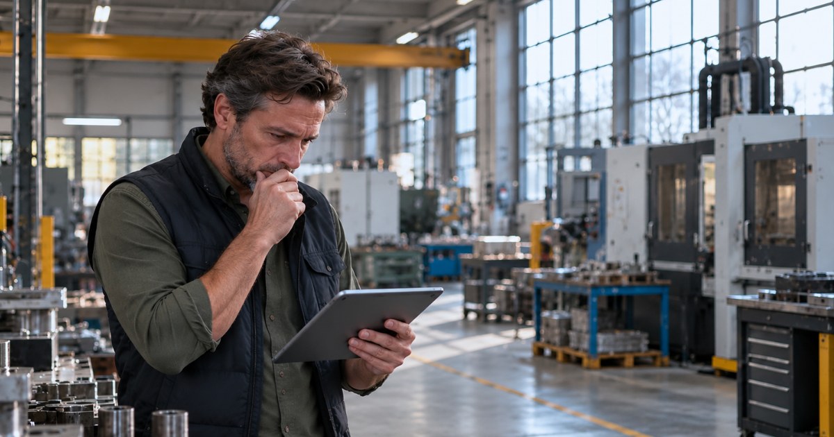 Un chef d'entreprise regarde une tablette d'un air préoccupé dans un atelier de production à l'arrêt