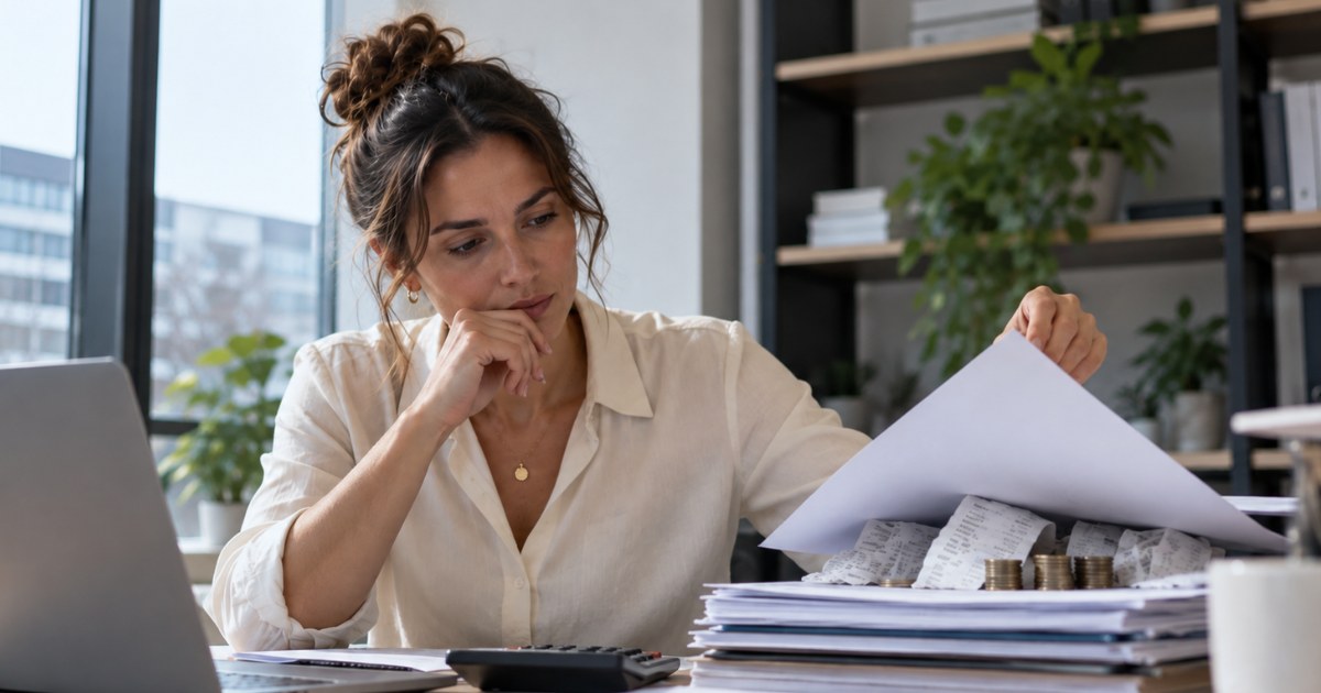Une entrepreneuse examine, inquiète, une pile de factures et de tickets avec des pièces sur son bureau