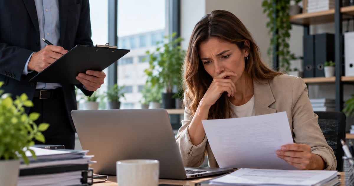 Une employeuse lit une lettre avec inquiétude pendant qu'un inspecteur prend des notes
