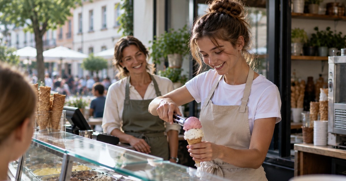 Une étudiante jobiste sert une glace au comptoir sous le regard de la gérante