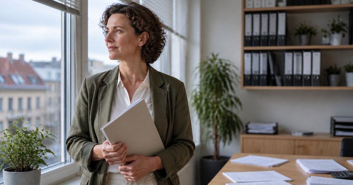 Une employeuse se tient près de la fenêtre de son bureau avec un dossier et réfléchit à l'administration salariale