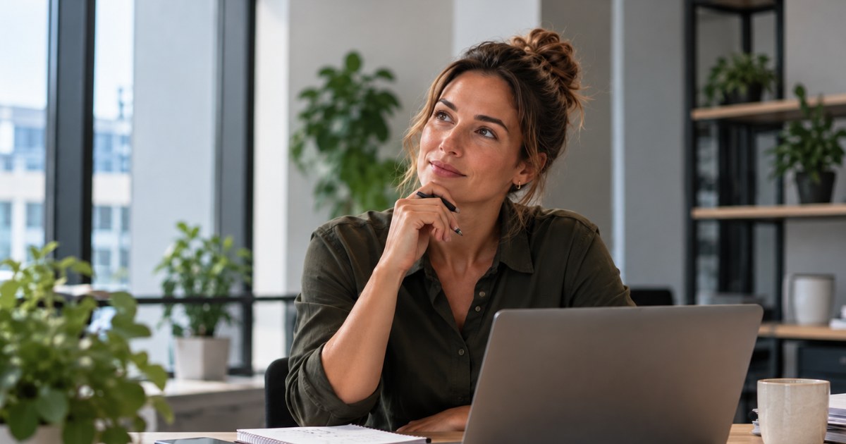 Une entrepreneuse réfléchit devant son ordinateur en comparant plusieurs secrétariats sociaux