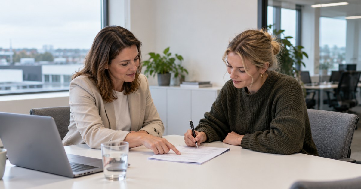 Une responsable RH parcourt le règlement de travail avec une nouvelle collaboratrice qui signe le document