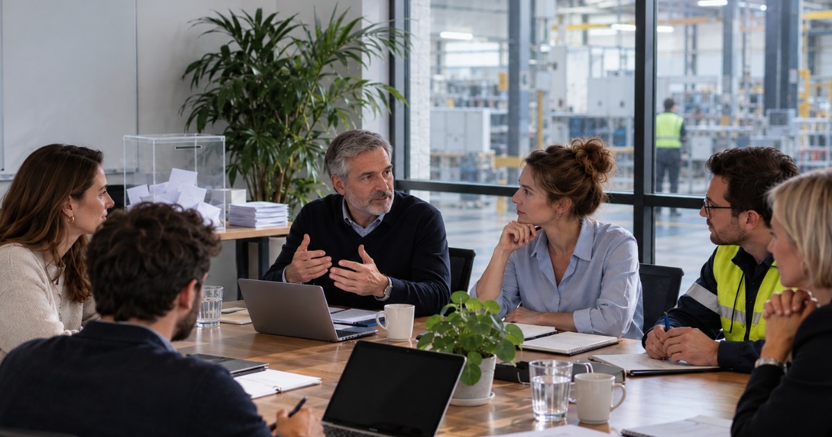 Employeur et représentants du personnel en concertation autour d'une table avec une urne