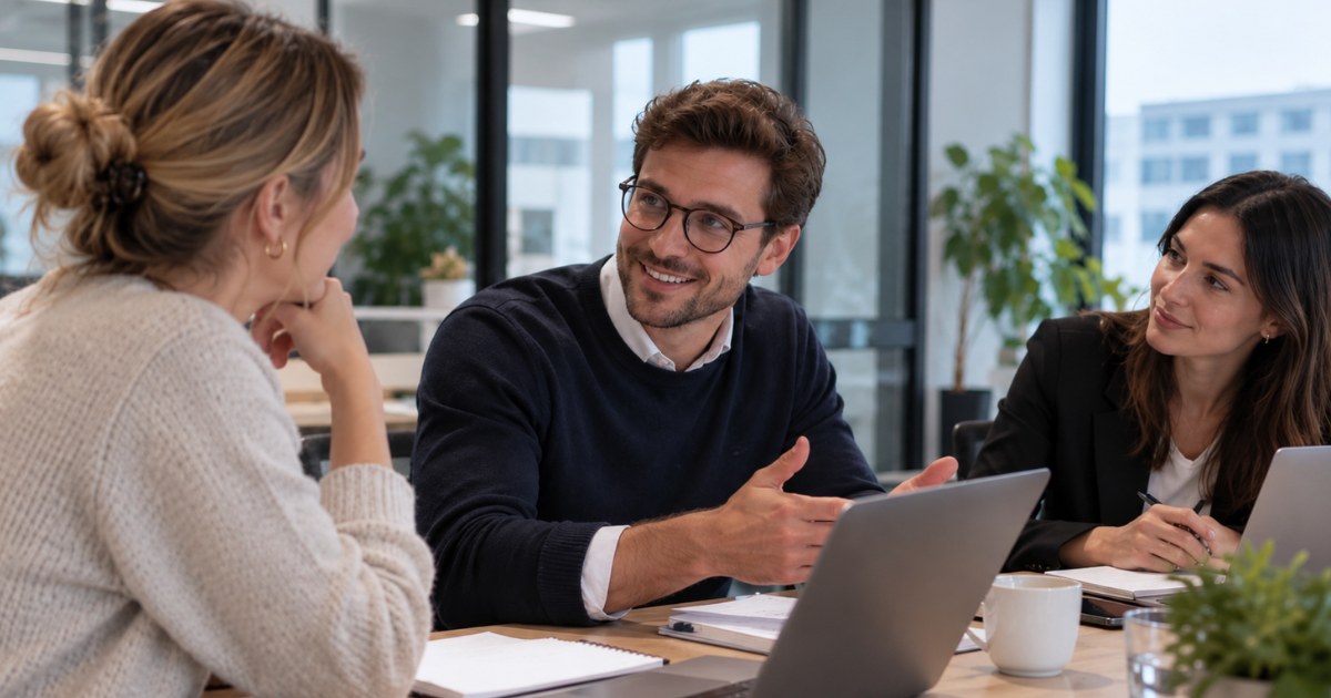 Trois collègues discutent autour d'une table de réunion du choix de leur administration salariale